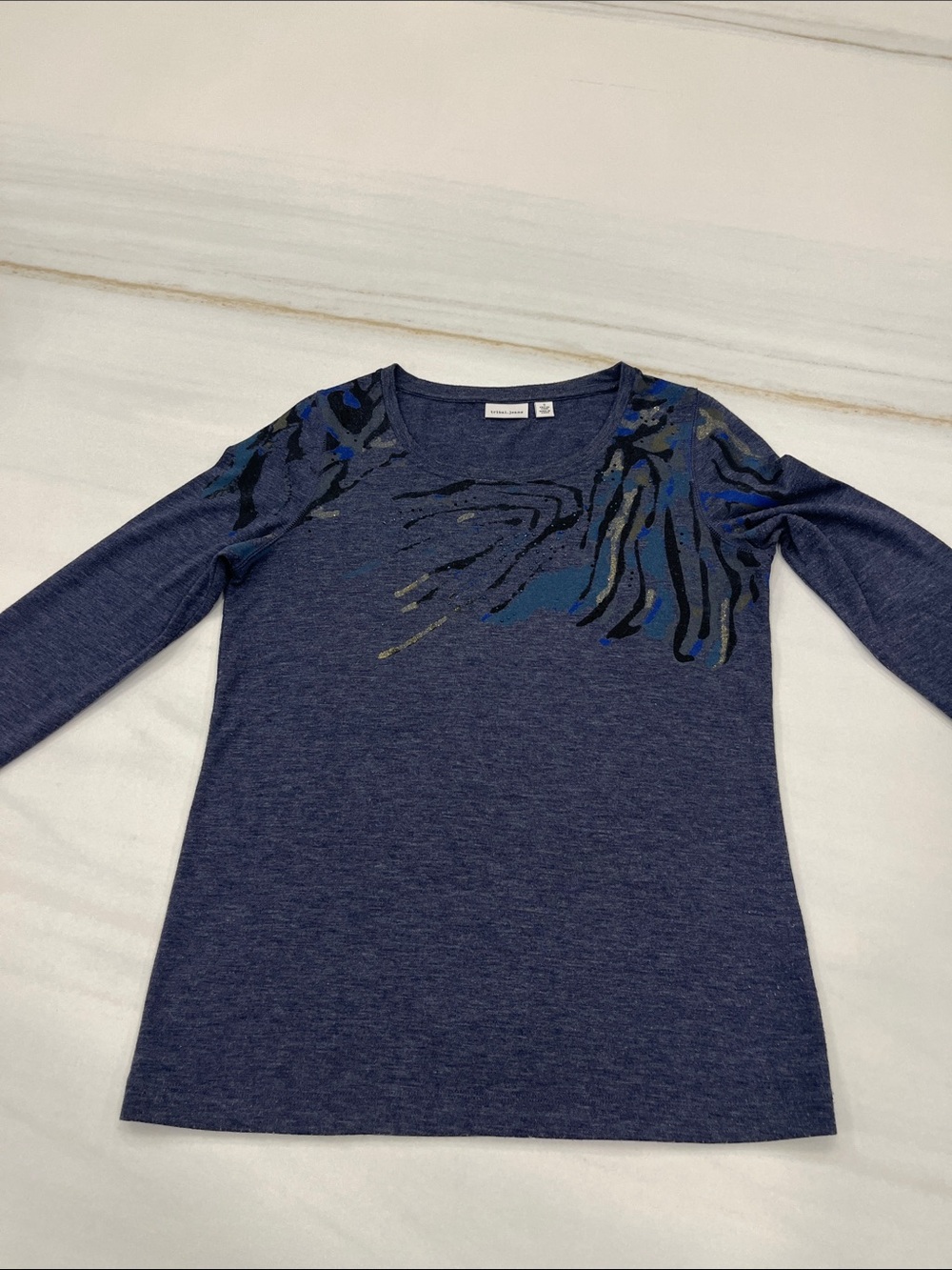 Tribal Women's Navy Blue Long Sleeve Tee with Abstract Shoulder Print